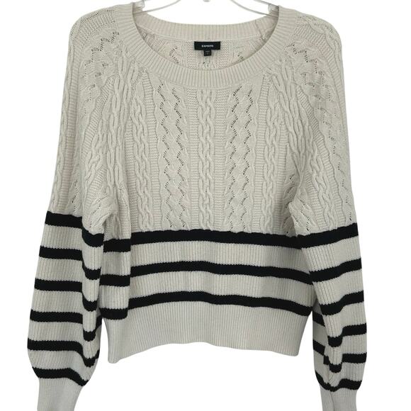 Express Sweaters - Express Women Cable Knit Striped Long Sleeve Sweater Cream Preppy Size Small